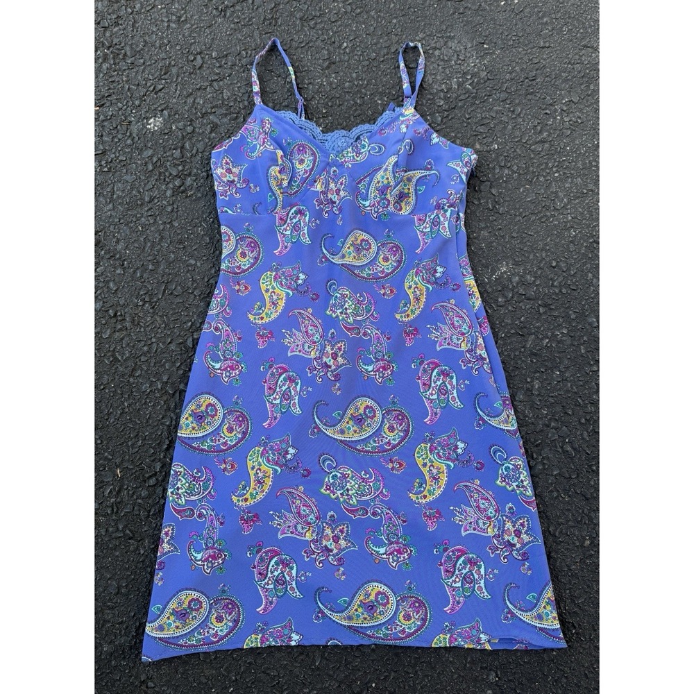 Vintage 90s Y2K Express Purple Paisley Midi Slip‎ Dress 3/4Lace Hem Grunge